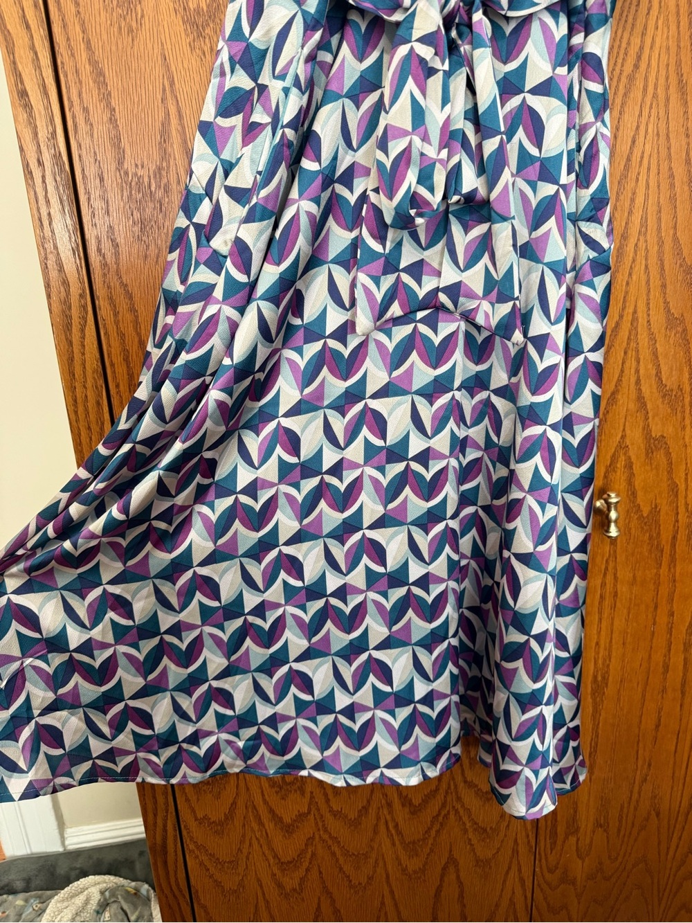 Tahari ASL Geometric Print Wrap Maxi Dress in Purple, Blue & White - Picture 7 of 8